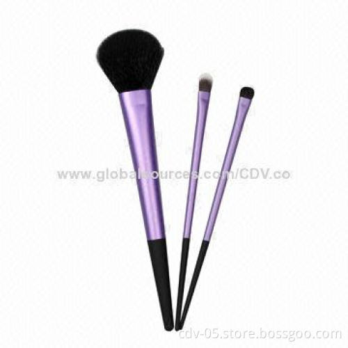 Makeup brushes, made of plastic handle with rubber finish and aluminum ferrule, synthetic hair
